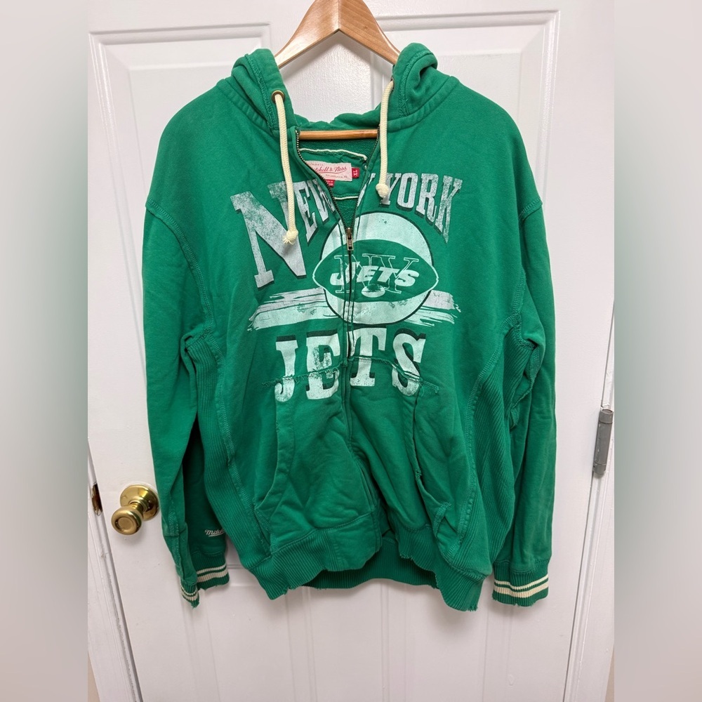 Men’s Mitchell And Ness Jets Distressed Hoodie Size XL Athletic Sports Football